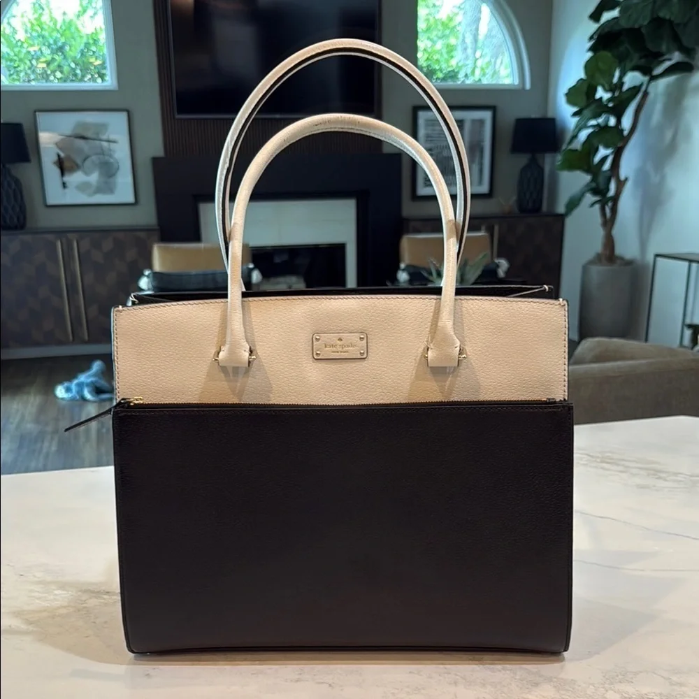 Kate Spade New York Black Cream Grove Street Maeve Large Structured Leather Tote